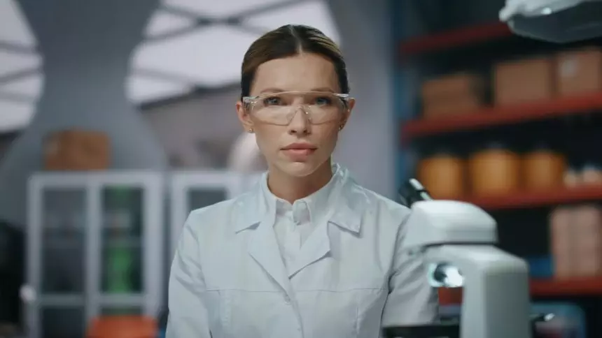 Confident medical scientist posing in advanced laboratory in glasses close up.