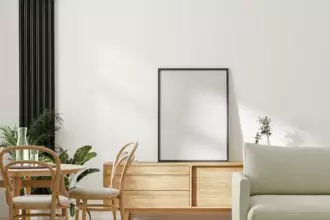 modern living room with furniture and poster frame mockup, home interior design, 3d rendering